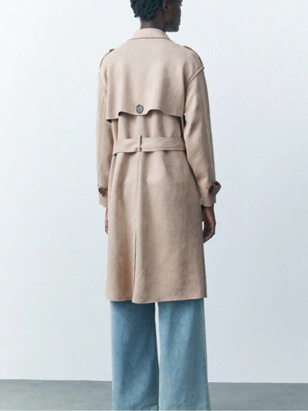 Faux suede Beige cream light tan Trench Coat - Picture 2 of 7